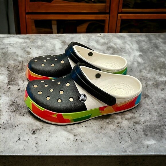 CROCS Shoes - Crocs Clogs Women 7 Men’s 5 Crocband Shoes Black Rainbow bordered Sandals